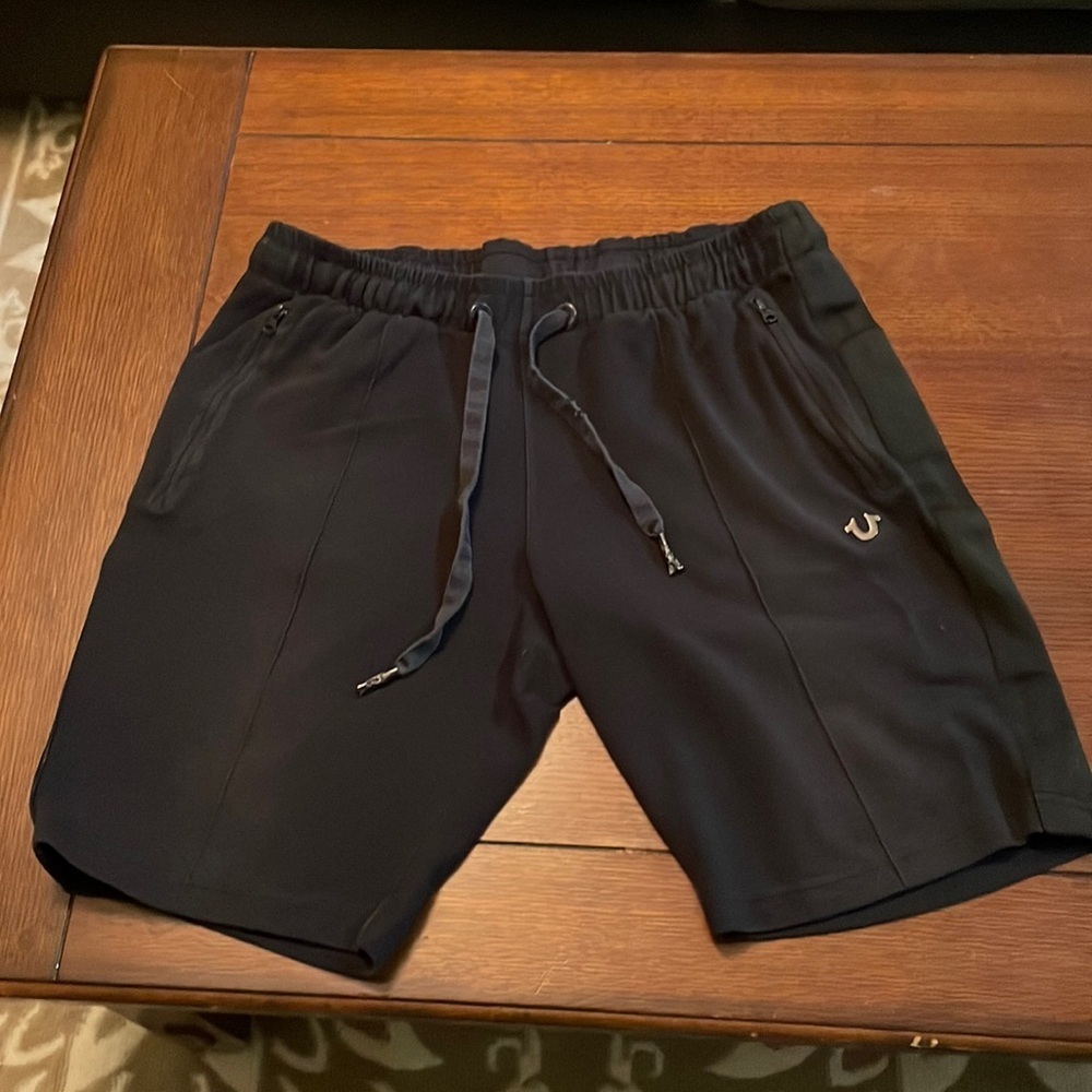 True Religion knit shorts. Large. Black. Metal logo. Some wear